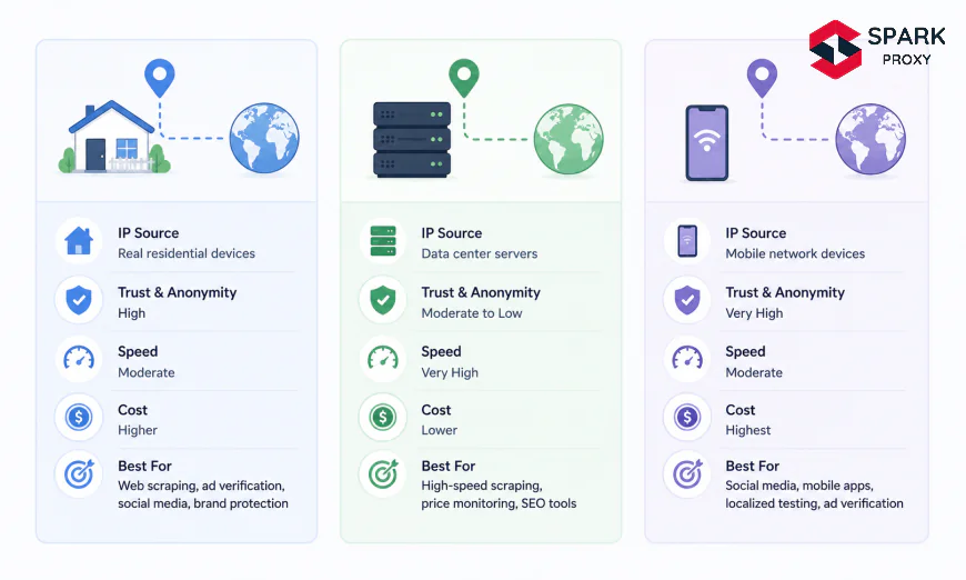 Residential vs Datacenter vs Mobile Proxy Comparison (2026)