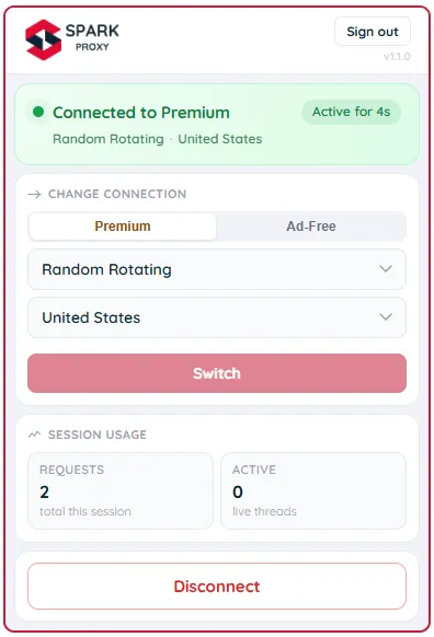 Connected - SparkProxy Browser Extension